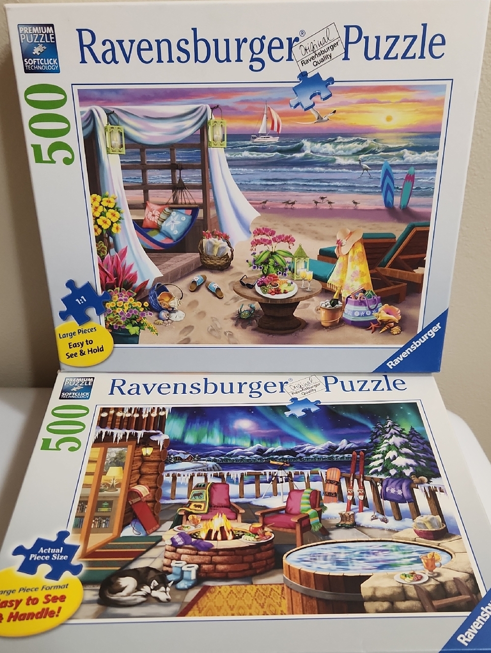 2 Ravensburger 500 Pc Puzzle Cabana Retreat Beach & Northern Lights Large Format